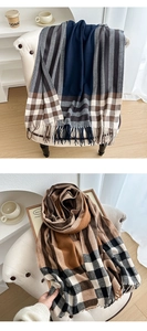 Detail shot of multi-color plaid scarves with tassel edges in premium soft texture