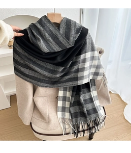 Detail of soft plaid scarf with fringe edge draped over a coat in a home setting