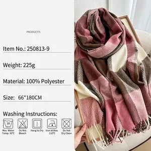 Classic pink plaid tassel scarf made of soft polyester measuring 180x66cm for winter warmth