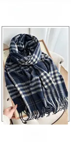 Detail of soft plaid scarf featuring blue and beige checkered pattern with long fringe
