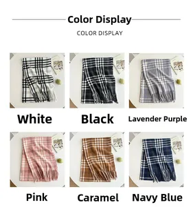 Collage of checkered scarves with tassels in lavender, pink, caramel, and navy blue