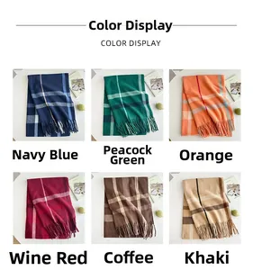 Detailed grid showing thick plaid scarves in six colors including navy, green and wine red