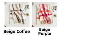 Detail of plaid scarves with fringe in beige-brown and beige-purple cashmere-like fabric