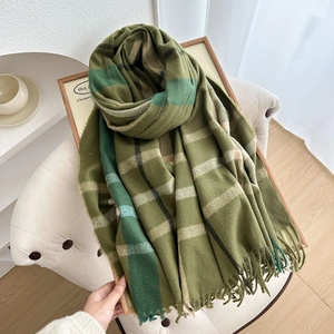 Plaid tassel scarf in olive green check pattern for autumn and winter warmth
