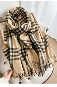 Detailed close-up of beige plaid scarf fabric texture and delicate fringe trim edges