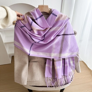 Thick purple and pink plaid scarf with long tassels, warm winter shawl for men and women