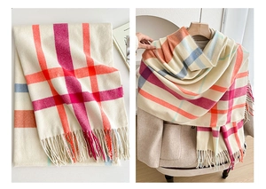 Close-up of thick plaid scarf with colorful tassels and soft cashmere-like texture
