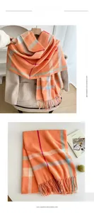 Detail of soft imitation cashmere plaid scarf with colorful stripes and tassel edges