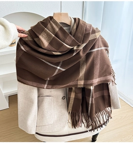 Detail of retro plaid scarf with long tassels and thick cashmere-like material