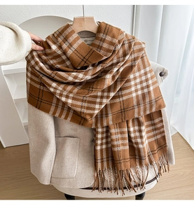 Detailed view of checkered knit scarf in caramel and cream with long fringe tassels