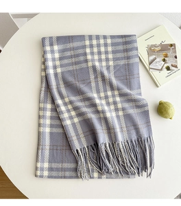 Close-up of blue and beige plaid scarf with soft fringe edges and thick knit texture