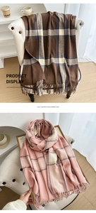 Detail showing soft imitation cashmere fabric with long tassels and plaid patterns
