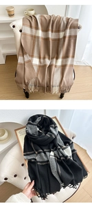 Detail of plaid scarf with fringe trim showcasing soft cashmere-like texture and patterns