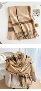 Detail of classic plaid scarf with earth-tone stripes and hand-twisted tassel edge