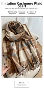 Close-up of thick cashmere-like plaid scarf with soft tassels and brown-beige woven texture