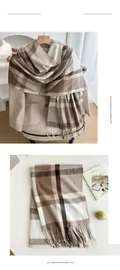 Close-up of lilac plaid imitation cashmere scarf with soft fringes and warm check patterns