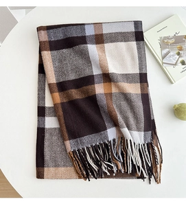 Close-up of thick plaid scarf featuring brown and beige checkered pattern with fringe