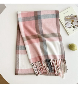 Detailed close-up of thick plaid scarf featuring soft tassels and woven check texture