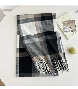 Detail of soft plaid scarf with long tassels and neutral color block pattern