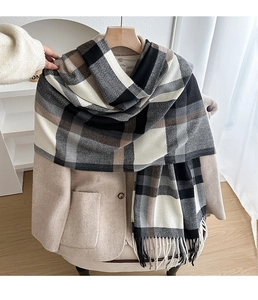 Detail showing thick black and brown plaid scarf with fringe paired with a beige wool coat