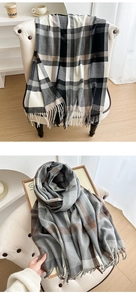 Detail showing thick faux cashmere scarves with check patterns and elegant fringe tassels