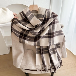 Plaid tassel scarf in beige and brown thick knit fabric for winter warmth