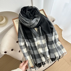 Women Plaid Tassel Scarf Thickened Warm Imitation Cashmere Shawl Fashion Accessory For Autumn Winter Versatile Long Wrap