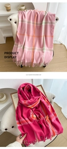 Detailed view of lilac plaid imitation cashmere scarf with soft decorative tassels