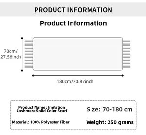 Size chart for 70x180cm solid tassel scarf made of 100% polyester cashmere-like fabric