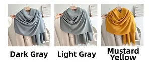 Three-panel view of solid color tassels on thick winter scarves in grey and yellow colors