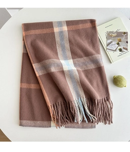 Close-up of brown plaid scarf with fringe tassels on white table with French book