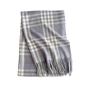 Classic gray-blue and white plaid scarf with fringe tassels for winter warmth
