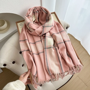 Plaid Tassel Scarf Warm Faux Cashmere Winter Large Shawl Wrap Thick Checked Fringe Soft For Women