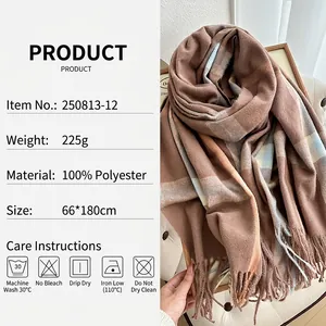 Thick brown plaid tassel scarf for women made of 100% polyester measuring 66x180cm