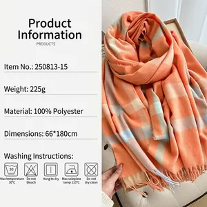 Thick plaid cashmere-like scarf with orange and blue tassels, size 66x180cm, 225g