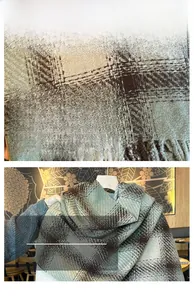 Close-up of the Morandi green and brown plaid fabric with soft tassel detailing