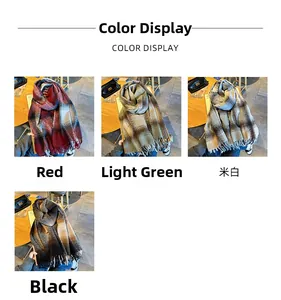 Detail display of thick gradient plaid scarves with tassels in red, green, beige, and black
