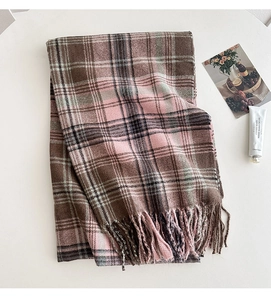 Detailansicht eines dicken karierten Schals mit langen Fransen in Rosa und Braun