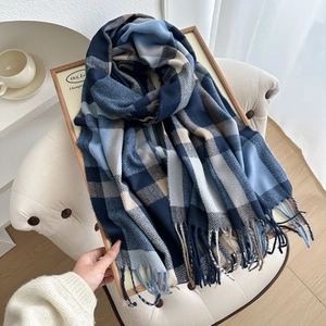 Women Winter Faux Cashmere Scarf Plaid Pattern Colorblock Thick Warm Long Wrap Shawl With Tassel Fashion Accessory Elegant