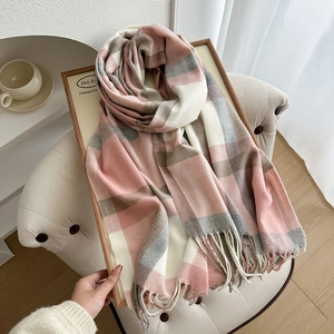 Pink and grey plaid scarf with soft fringe, thick cashmere-feel shawl for winter