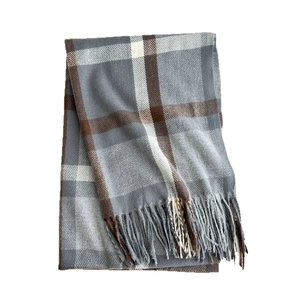 Thick checkered scarf in grey, brown, and cream with decorative fringes for winter