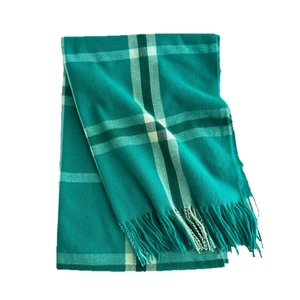 British style emerald green plaid cashmere feel scarf with fringes for winter warmth