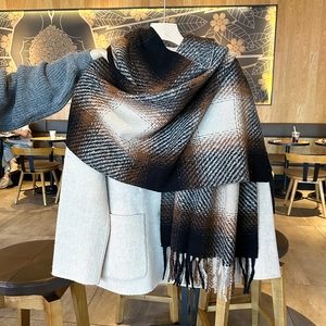 Plaid Winter Scarf Faux Cashmere Thick Warm Tassel Shawl Fashionable Neck Wrap For Women Men