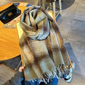 Winter plaid scarf with thick tassels and brown-blue gradient check pattern