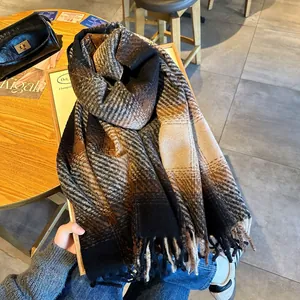 Thick gradient checkered winter scarf with fringes in coffee and black tones
