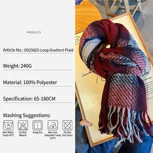 Thick gradient plaid tassel scarf in red grey and black polyester 65x180cm wrap