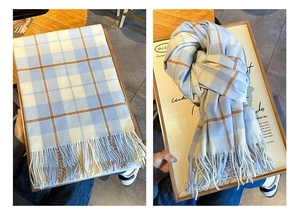 Nahaufnahme des weichen Karo-Wintershals mit Fransen und elegantem blau-weißem Muster