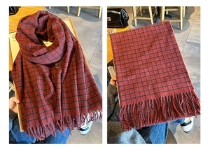 Detailed view of red and blue plaid scarf with fringe tassels and soft textured fabric