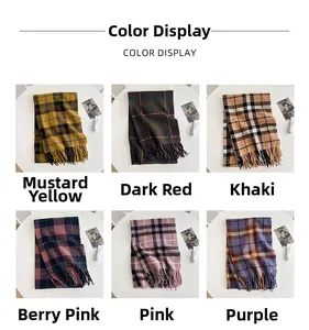 Macro view of plaid tassel scarves in six assorted colors including ginger and burgundy