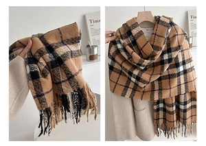 Close-up of winter plaid scarf with tassels on beige coat showcasing warm soft texture